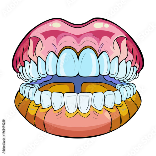 Human mouth and dental anatomy showing upper and lower teeth with gums and lips in a detailed anatomical perspective for dentistry