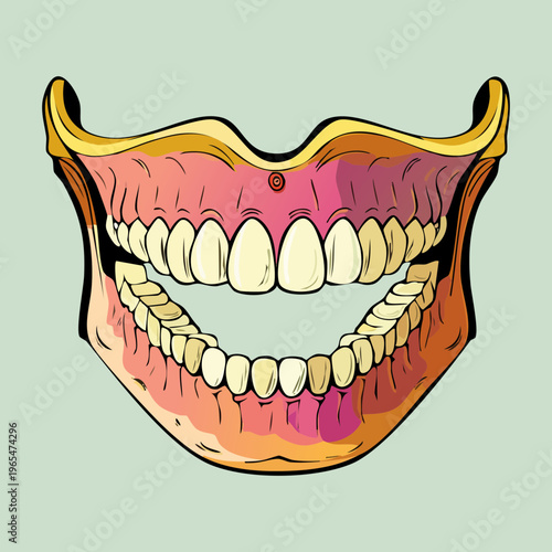 Wide open human mouth and teeth illustration showing detailed molars and incisors for dentistry and oral health educational material