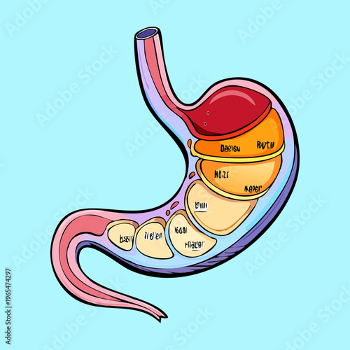 Cross section of the human stomach organ with labeled layers and digestive compartments for medical science and biology education material