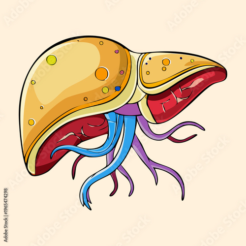 Detailed human liver anatomy showing the gallbladder and surrounding blood vessels for medical education on the digestive and metabolic system