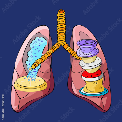 Conceptual human lungs illustration with a waterfall and nature elements representing the fluid and refreshing flow of breath and life