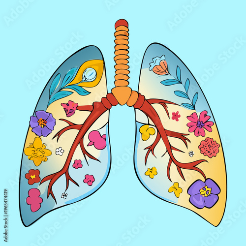Blue toned lungs illustration featuring floral elements and vines representing a calm and healthy state of the respiratory breathing system