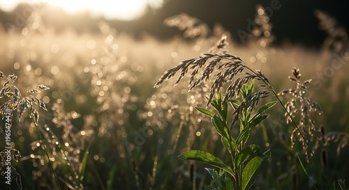 Beautiful Wild Grass Field at Sunset with Golden Sunlight and Sparkling Dew Drops in a Peaceful Summer Meadow