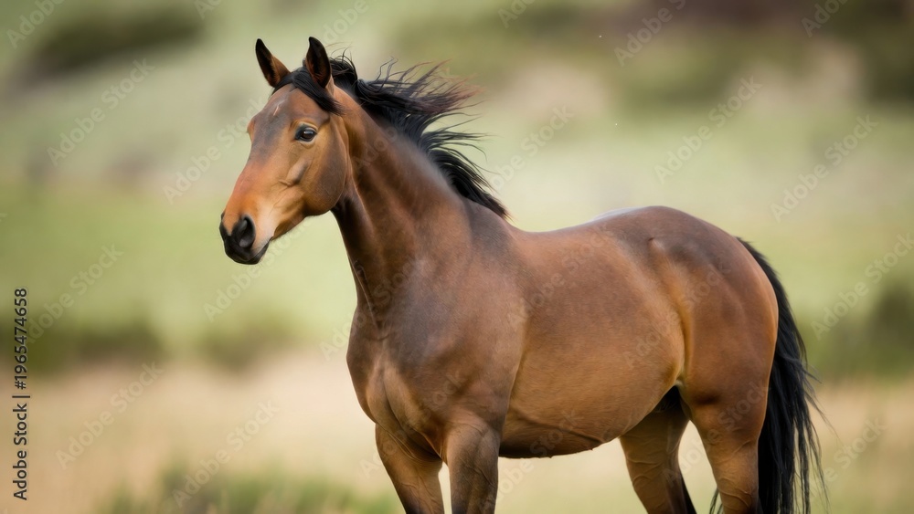 Obraz premium Bay horse standing motionless in blurred grassy meadow