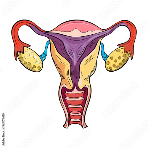 Anatomical illustration of the female reproductive system showing the uterus ovaries and fallopian tubes for medical and biological education purposes