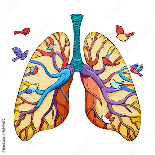 Beautiful human lungs illustration decorated with birds and autumn leaves representing the connection between breathing and the changing seasons of nature