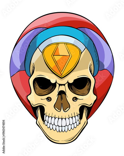 Frontal view of a human skull wearing a colorful cap with geometric patterns representing a modern and artistic approach to skeletal anatomy