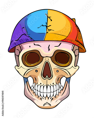 Frontal view of a human skull with a divided colorful brain area representing different mental functions or creative and logical thought processes