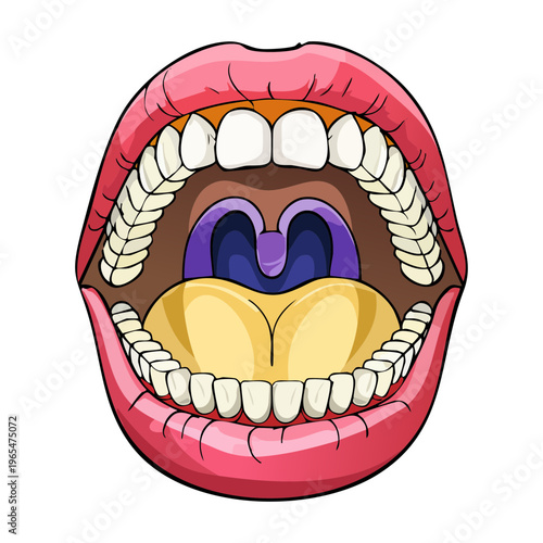 Open human mouth showing uvula and tonsils anatomy for medical diagnosis of throat infections and professional dental health educational brochures