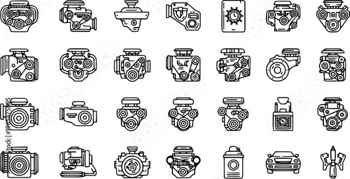 Diverse Car Engine Icons Collection: Modern and Vintage Auto Power Unit Illustrations