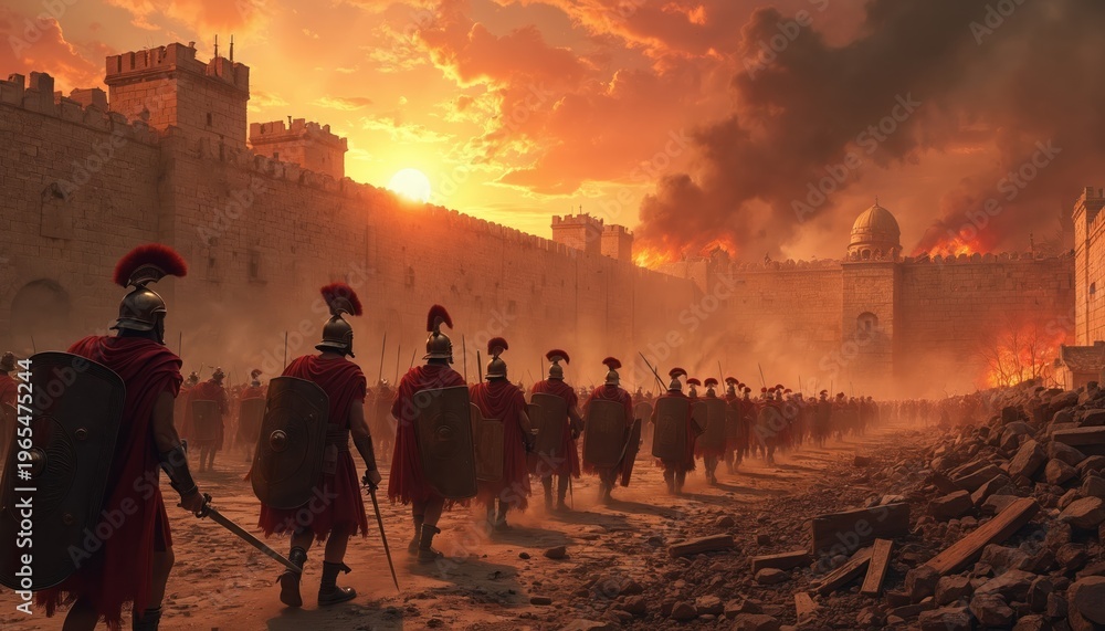 Obraz premium Roman legionnaires march past burning city walls. Soldiers in armor with shields and swords advance. Smoke and fire fill the sky during ancient siege.