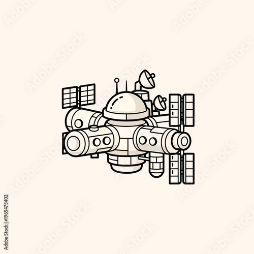 An illustration depicting a stylized, symmetrical space station with interconnected cylindrical modules, solar panels, and antennae