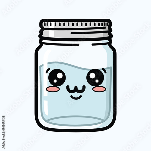 An illustrated jar filled with liquid. The jar has a cute, smiling face with big eyes and rosy cheeks. It is outlined in black