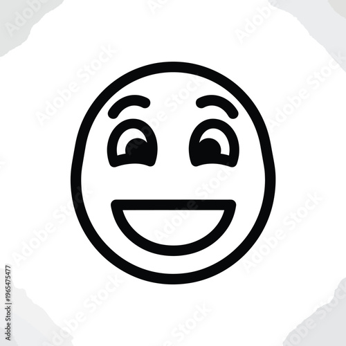 Black and white line art of a smiling face. It has a rounded outline with eyes and mouth. The face is centered