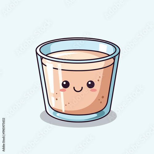 Cute illustration of a beverage in a transparent glass with a cartoon face, soft peach color drink, blush cheeks, simple drawing style