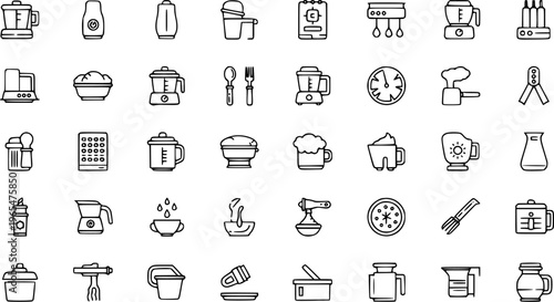 Line Art Icons of Kitchen Appliances and Utensils for Food Preparation and Cooking