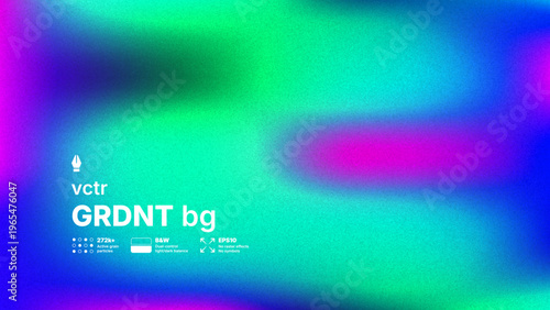 Abstract vector mesh gradient background with cinematic film grain texture. Green, blue and purple fluid noise cover. Trendy soft grainy colorful backdrop with floating dust particles.