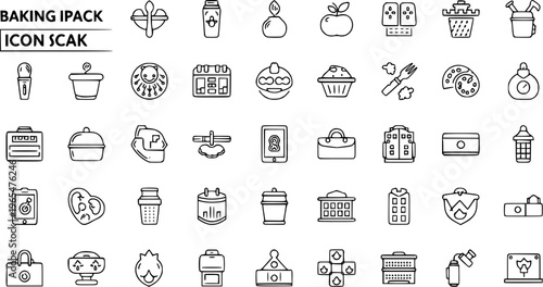 Baking, Cooking, and Kitchen Utensils Line Icons Set with Food, Appliances, and Household Items - Outline Vector Collection