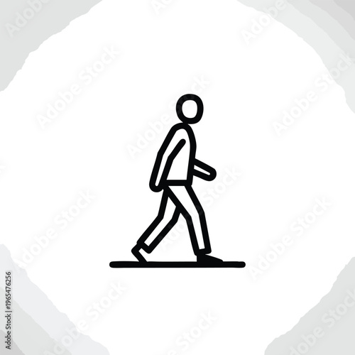Black and white minimalist illustration of a person walking. The figure has a rounded head, body, arms and legs. It appears on a white background
