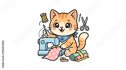 Cute Cartoon Cat Sewing with Sewing Machine