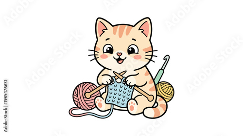 Cute Cartoon Cat Knitting in Color