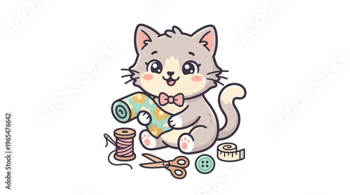 Cute Cartoon Cat Sewing with Fabric and Tools