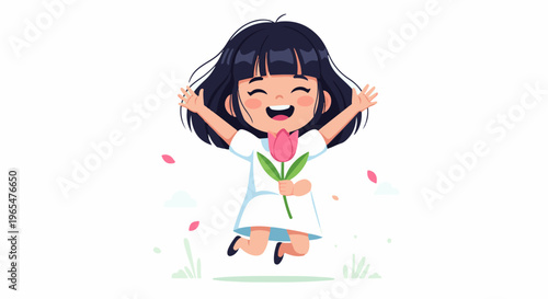 Joyful child in white dress jumps with a pink tulip, petals fly