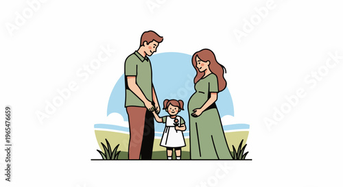 Joyful family of three, including a pregnant mother, outdoors