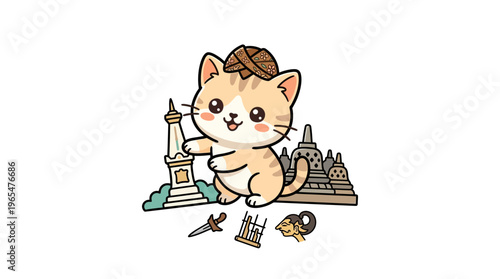 Cute Cat Tourist With Indonesian Landmarks