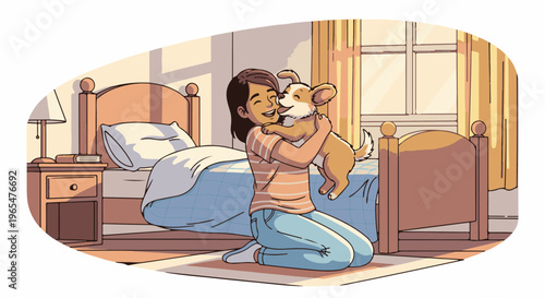 Joyful girl hugs her happy dog in a sunlit bedroom