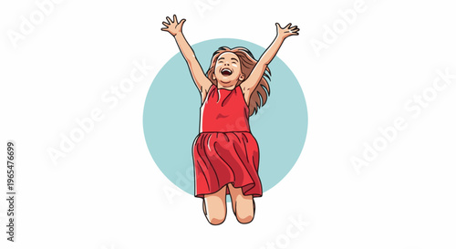 Joyful girl in a red dress leaps into the air with arms outstretched