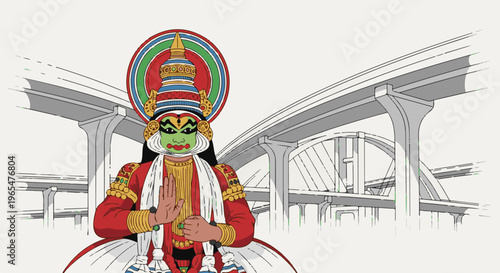 Kathakali dancer in elaborate costume stands before an elevated train track