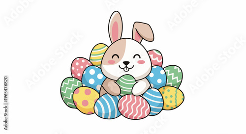 Kawaii bunny peeking from behind colorful patterned Easter eggs