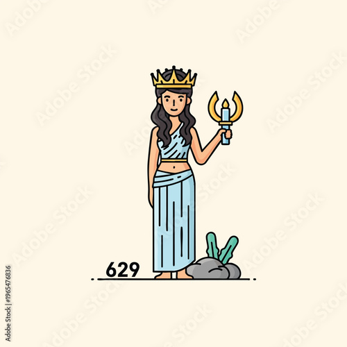 An illustration features a regal figure wearing a crown and light blue clothing. She holds a torch with a flame, standing near a stone with green plants