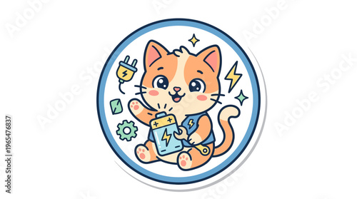 Cute Cartoon Cat Holding a Battery and Electricity Symbols