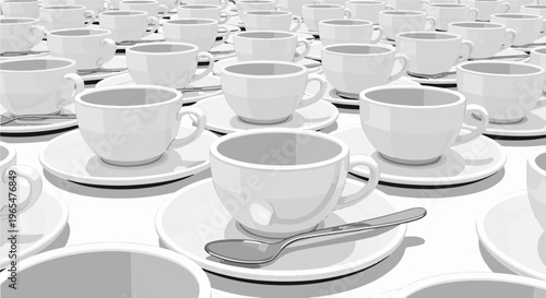 Hundreds of white teacups and saucers arranged in a repeating pattern