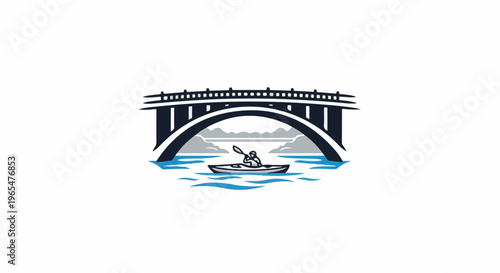 Kayaker paddles under a bridge with mountains in the distance