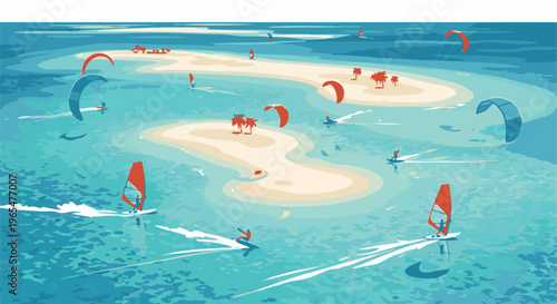 Kiteboarders and windsurfers enjoy a sunny day on a turquoise ocean