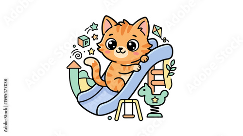 Playful Orange Tabby Cat on a Playground Slide
