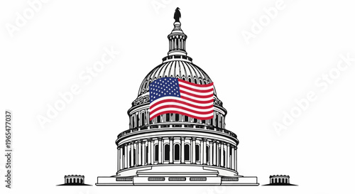 Iconic dome building with American flag draped over it, on white background