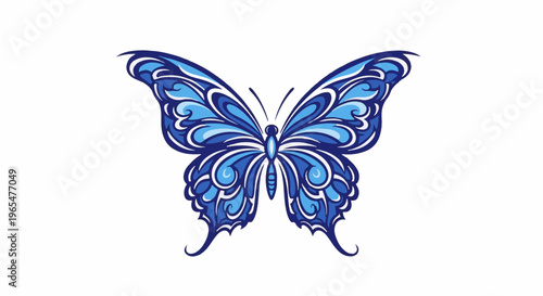 Intricate blue butterfly with decorative swirling patterns and wing details