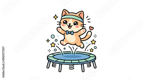 Cute Cartoon Cat Bouncing on a Trampoline