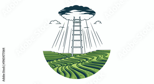 Ladder to cloud over terraced fields, symbolizing ambition and growth