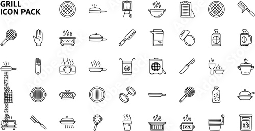 Grill and BBQ Icon Pack. Collection of cooking, kitchen, food preparation, and outdoor grilling outline line art vector icons for web, print, and mobile apps.