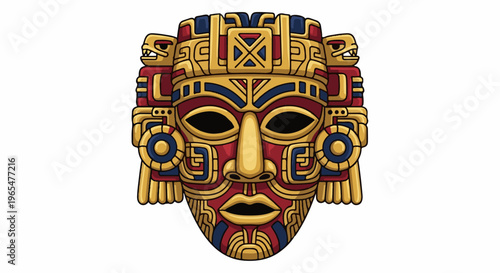 Intricate golden, red, and blue ancient mask with detailed pixel art