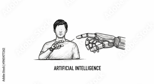 Human and robot hands interact, symbolizing artificial intelligence