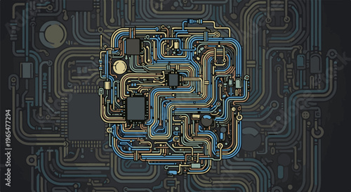 Intricate network of colorful wires and chips on dark background