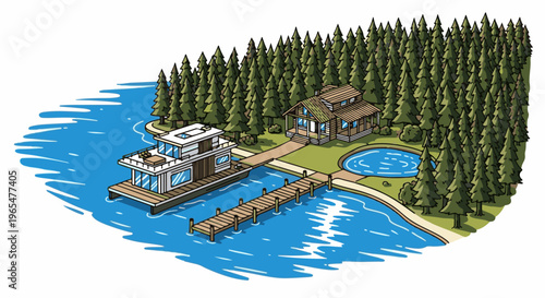 Idyllic lakeside retreat with modern houseboat and log cabin