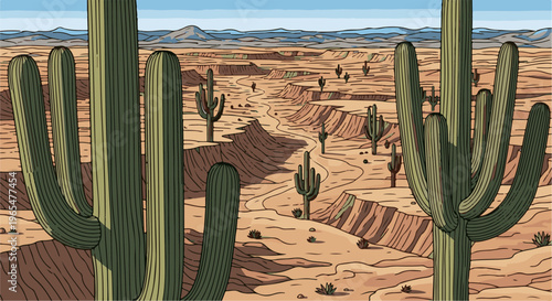 Large cacti frame a vast, arid canyon landscape under a clear blue sky