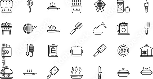Kitchen and Cooking Icons: Grills, Utensils, Pots, Pans, and Food Preparation Tools